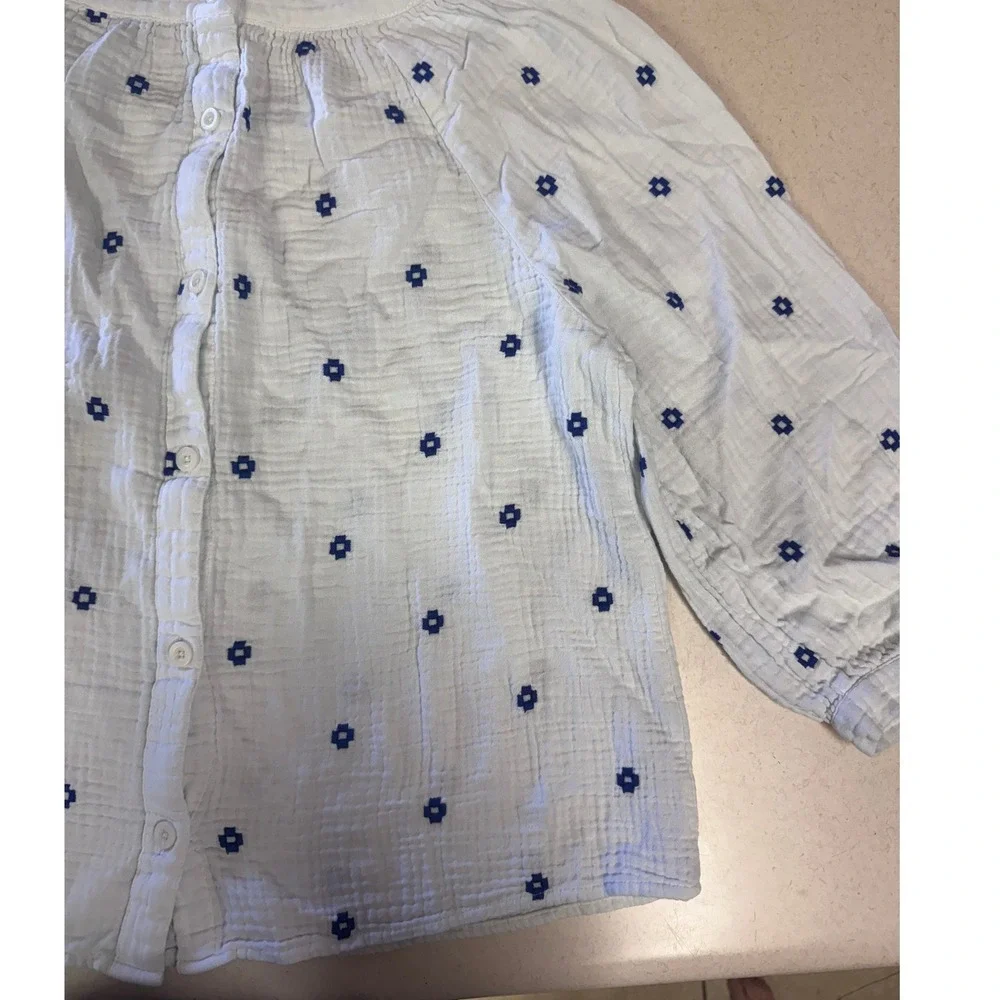 Madewell White Blue Embroidered Double Gauze Button Back Puff Sleeve Top M